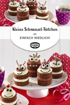 there are cupcakes with googly eyes on them and the words kleene schnurf - tortehen