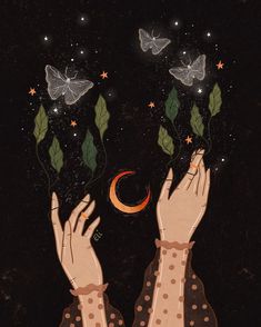 two hands reaching for the moon and stars in the night sky with butterflies flying overhead