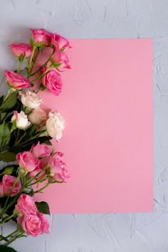 pink and white roses are on top of a pink sheet of paper with green leaves