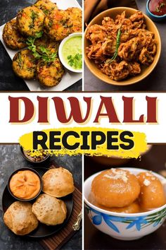 the cover of diwali recipes is shown with pictures of different dishes and ingredients