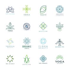 the logos for yoga and spas are shown in blue, green, and white