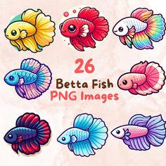 colorful fish with different colors and sizes are shown in the image, along with text that reads 26 betta fish png images