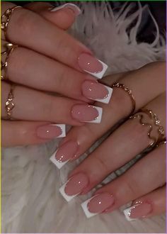 Acrylic Nails French With Gems, Simple Wedding Acrylic Nails, French Tip White With Glitter, Cute Nails For College, Nail Inspiration Quince, Classy White Tip Nails, Square French Tip Short Nails, French Nail Tips Acrylics, Neutral Acrylic Nails With Design