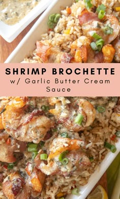 shrimp broccoli rice with garlic butter cream sauce in a white dish on a wooden table