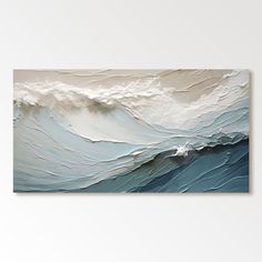 an abstract painting with white and blue waves in the ocean, on a gray background