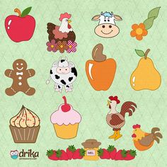 an assortment of farm animals and fruits on a green background