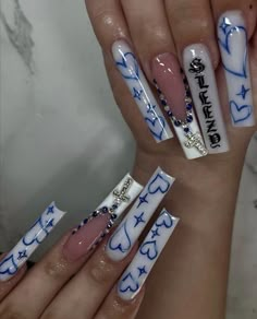 Blue Nails Ideas With Initial, Royal Blue Acrylic Nails With Initial, 444 Nails, Long Acrylic Nails San Judas, Baddy Nails, Black Emo Acrylics