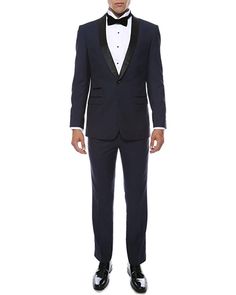 Reno Navy & Black Slim Fit Shawl Lapel Tuxedo Dark Blue Prom Suit, Dark Blue Prom Suits, Navy Blue Prom Suit, Navy Blue Prom Suits, Shawl Tuxedo, Blue Prom Suit, Prom Outfits For Guys, Tuxedo Styles