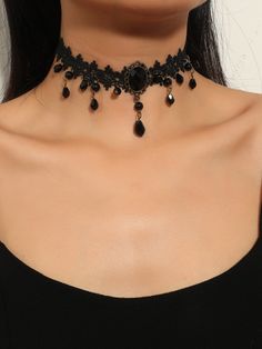 Color: Black Gender: Women Material: Lace Quantity: 1 piece Style: Funky Details: Gemstone Type: Chokers IN Length 11.4-14.6 This data was obtained from manually measuring the product, it may be off by 1-2 CM. Chockers Diy, Prom Jewerly, Alternative Accessories, Black Stuff, Neck Lines, Gothic Jewellery, Neck Corset, Black Lace Choker, Lace Choker Necklace