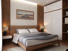 a bedroom with a large bed and wooden shelves