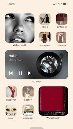 an iphone screen with various images and text on the bottom right corner, including music player