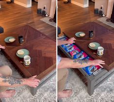 two pictures of people sitting at a coffee table