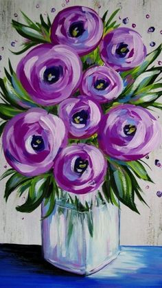 a painting of purple flowers in a white vase