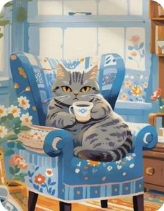 a cat sitting in a blue chair holding a cup