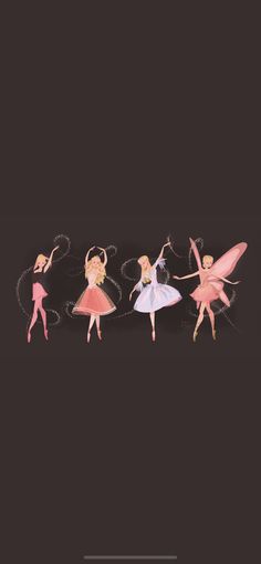 four fairy tinker dolls in pink, white and blue are lined up against a black background