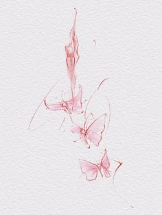 two pink butterflies flying in the air on a white paper background with watercolor paint