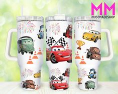 two tumblers with cars and fireworks on them, one is for the disney pixar