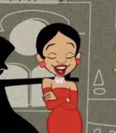 an animated image of a woman in a red dress and a man in a black suit