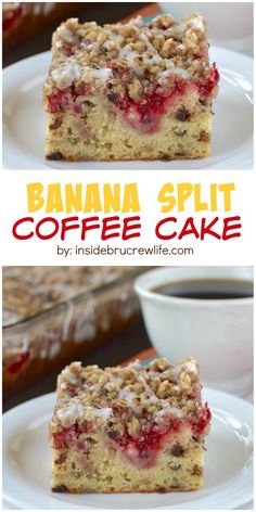 banana split coffee cake with crumbled toppings on top, and in the middle