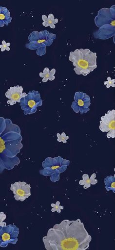 blue and white flowers are floating in the air on a dark background with stars above them