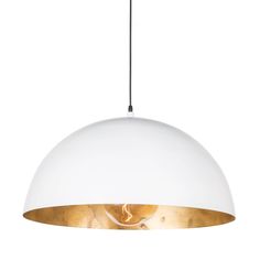 a white and gold pendant light hanging from a ceiling