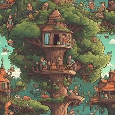 the tree house is surrounded by many people