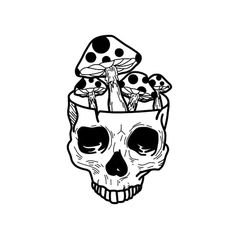 a black and white drawing of a skull with mushrooms in it