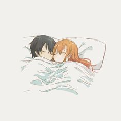 two anime characters laying in bed together