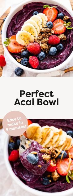 Here's how to make a thick and creamy acai bowl at home in just 5 minutes! It's a healthy and refreshing snack or breakfast that can be customized with your favorite toppings. Peanut Butter Acai Bowl, Healthy Bowls Recipes