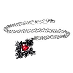 Show your unique style with this gothic red crystal heart skull necklace. featuring a stunning red crystal heart pendant with a detailed skull design, this necklace is perfect for making a statement. Witches Heart Jewelry, Alchemy Gothic, Gothic Pendant, Goth Necklace, Crystal Heart Necklace, Skull Pendant Necklace, Swarovski Crystal Hearts, Crystal Heart Pendant, Pewter Pendant