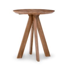 a wooden table with three legs and a small round top on an isolated white background