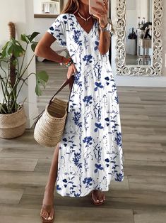 Floral V Neck Short Sleeve Casual Dress | zolucky Side Split Maxi Dress, Maxi Vestidos, Plus Size Elegant Dresses, Womens Boho Dresses, Short Maxi Dress, Split Hem Dress, Spring Maxi Dress, Fitted Maxi Dress, Shift Dresses