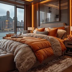 a large bed sitting in front of a window next to a night stand and lamp