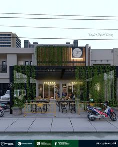 an artist's rendering of a restaurant with greenery growing on the side of it