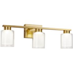 three light brass bathroom fixture with clear glass shades