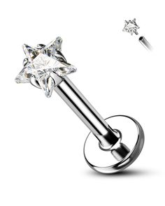 an image of a star shaped surgical steel barbell ring with clear crystal stone in the center