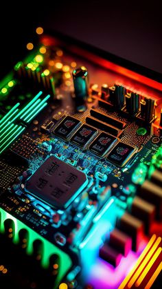 a close up of a computer motherboard with colorful lights in the backround