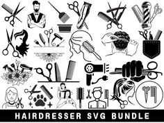 a black and white image of hairdresser svg bundle with scissors, combs,