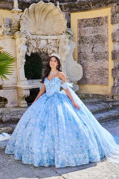 The fabric in this Princesa by Ariana Vara Quinceanera dress is Cracked Ice, 3D Flowers, Sequins, Heat Set Stones, Tulle, Pongee Lining. Detachable Shoulder Straps with Sash, Detachable Train, Back Modesty Panel Included Ice Blue Quinceanera Dresses, Winter Quinceanera, Xv Dresses, Quinceañera Dresses, Allure Couture, Quinceanera Dresses Blue, Quince Dress, Modesty Panel, Detachable Train