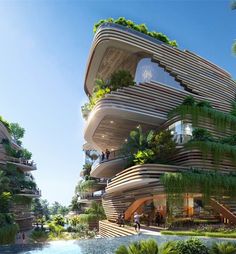 an artistic rendering of a building with plants growing on the side and people walking around