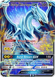 a blue - eyed white dragon is in the middle of a card with its mouth open