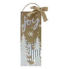 a wooden sign that says joy with snowflakes and deers on it's side