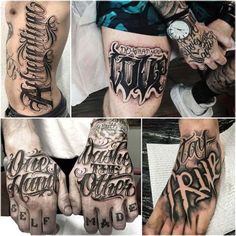 many different tattoos on the hands and feet, all with words written in black ink