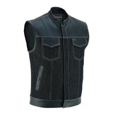 Features: True To Size Club Style Vest With One-Inch Preacher Collar, Covered Snaps, And Hidden Zipper Two Buttoned Chest Pockets Two Buttoned Slash Pockets Interior Concealed Carry Pocket On The Right Side White Stitching Fully Lined On The Inside Ykk Zippers Mens Vests, Leather Denim, Vest White, Denim Vest, Mens Denim