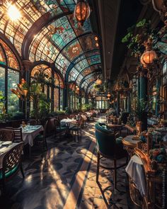 the inside of a restaurant with many tables and chairs