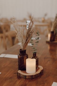 there are two vases with plants in them on the table, and one candle is lit