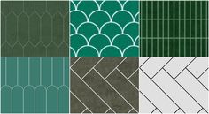 four different patterns in shades of green and grey, each with an abstract geometric design