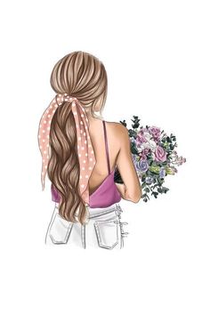 a drawing of a woman with long hair holding flowers in her hand and wearing a scarf around her neck