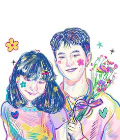 a drawing of two people with flowers in their hands