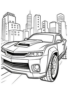 a coloring page with a car in the middle of it and cityscape in the background